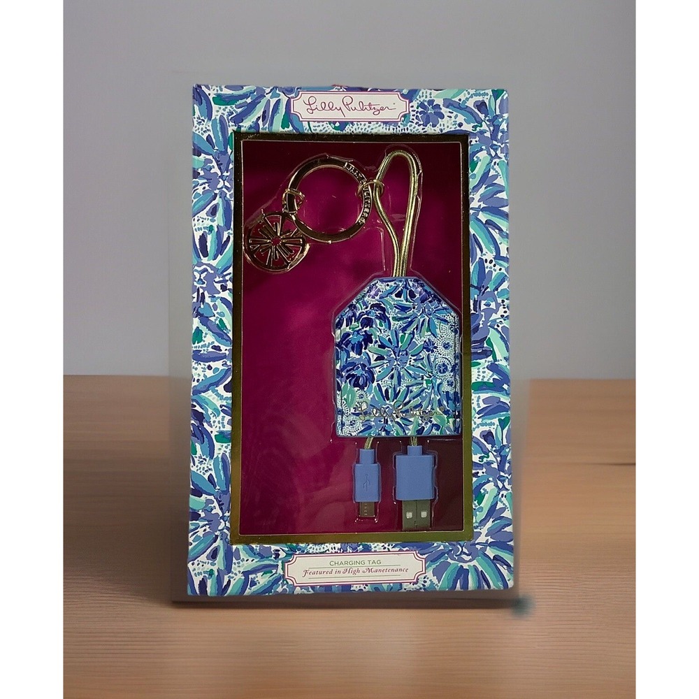 Lilly Pulitzer Charging Tag Cable Micro USB -USB 2.0. + Keychain  NEW  Cute Blue